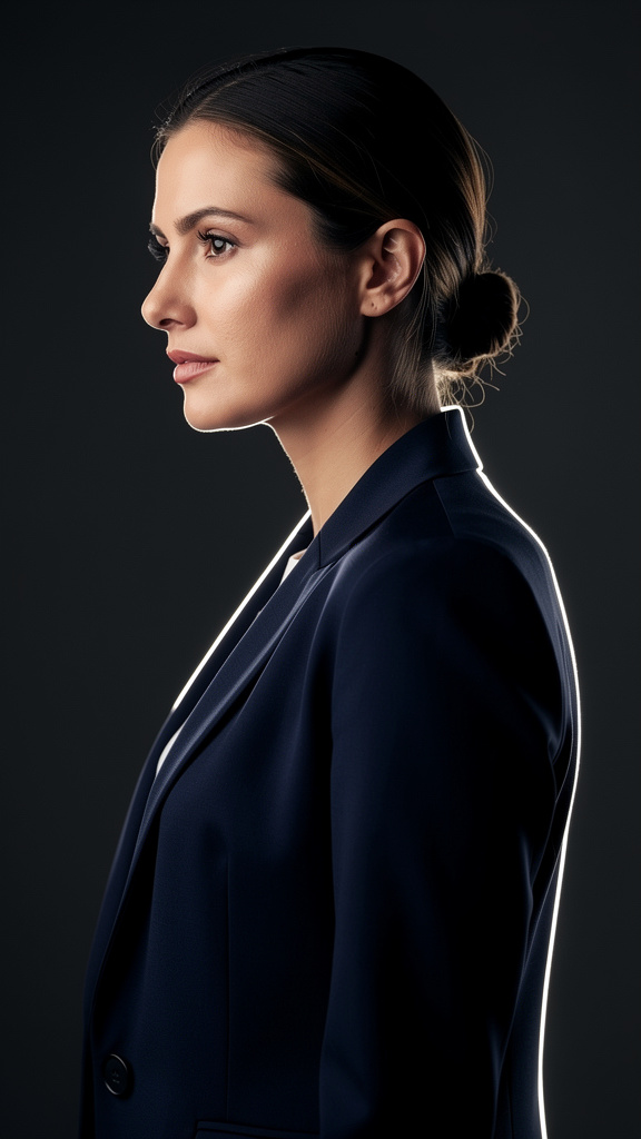 A focused woman in a navy blazer in profile