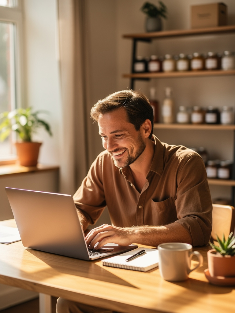 Relaxed shop owner smiling at a laptop in a bright workspace